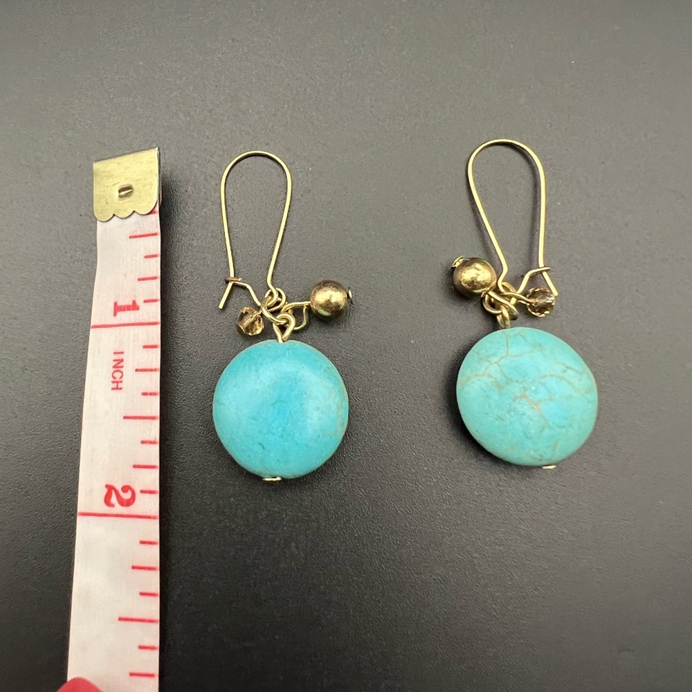 Turquoise Howlite and Gold Tone Dangle Earrings - Picture 2 of 3